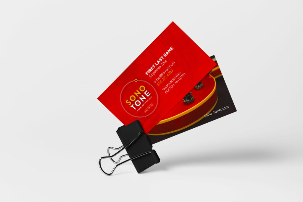 SonoTone business card front built from a warm guitar-body texture with a translucent palette-color overlay and the logo in bold type.