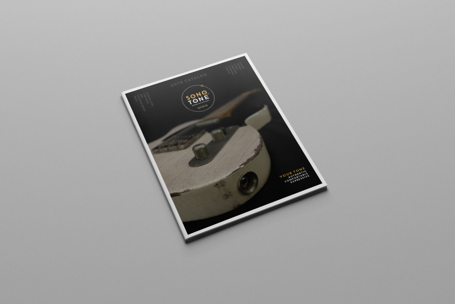 Cover of the 2018 SonoTone dealer catalog, a relic'd white Telecaster body on black with Your Tone: Authentic, Comfortable, Expressive.