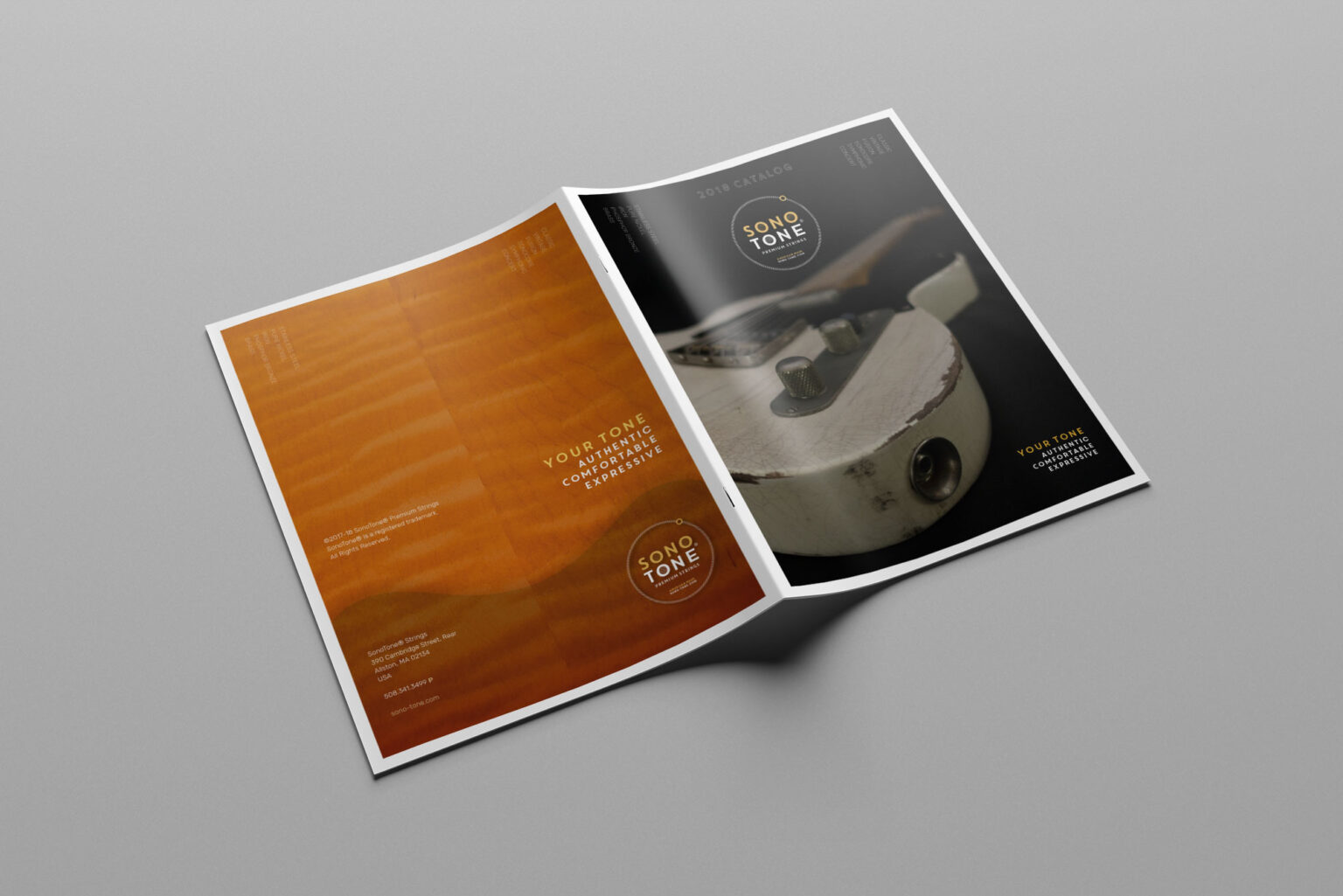 Open SonoTone catalog showing the cover and inside spread that introduce the string families and the tone-led brand story.