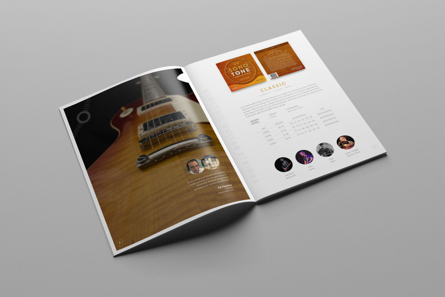 SonoTone catalog spread introducing the brand's tone philosophy and warm, vintage visual system.
