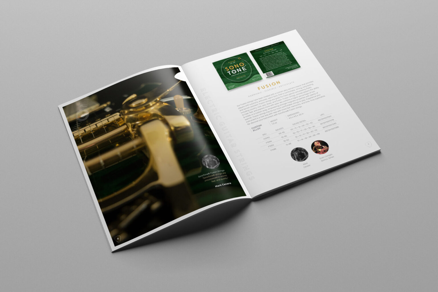 SonoTone catalog spread detailing additional string families and the materials behind each tone.