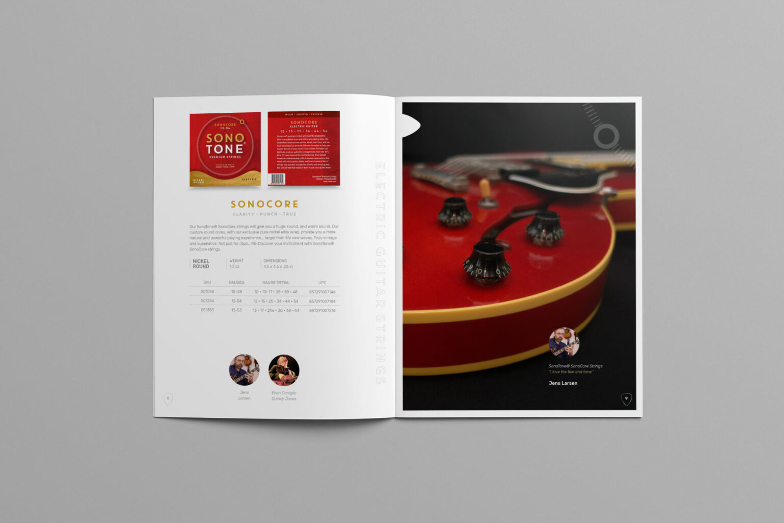 SonoTone catalog spread pairing guitar photography with string descriptions to help dealers sell by sound.