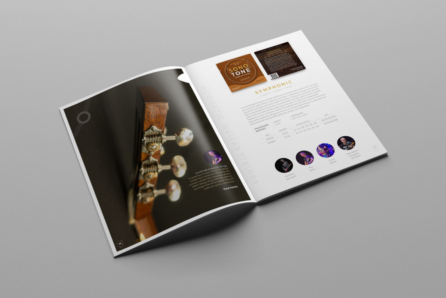 SonoTone catalog spread continuing the lineup with color-coded families and playing-style guidance.