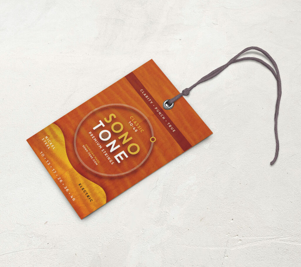SonoTone Classic hang tag that retailers attach to guitars strung with Classic electric strings, carrying the logo and family colorway.