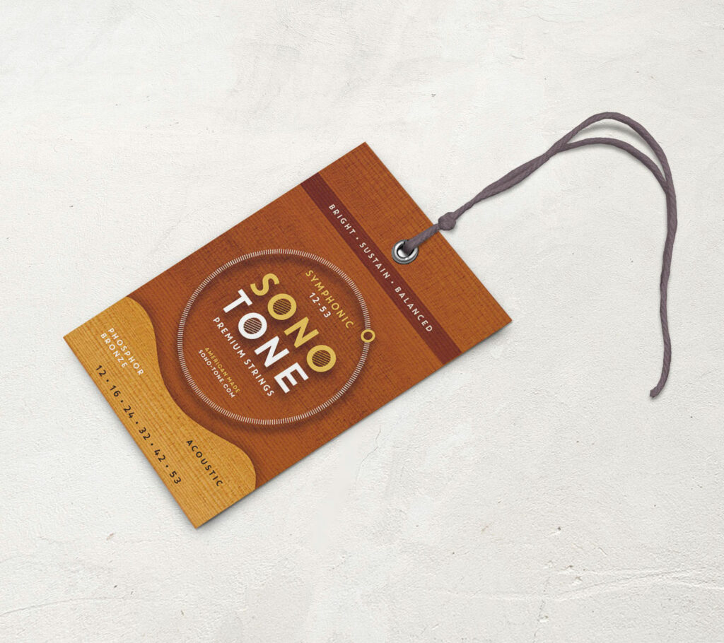 SonoTone Symphonic hang tag for acoustic guitars strung with Symphonic strings in retail and boutique displays.