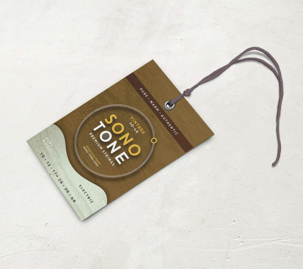 SonoTone Vintage hang tag in the olive-brown colorway for guitars strung with Vintage electric strings.