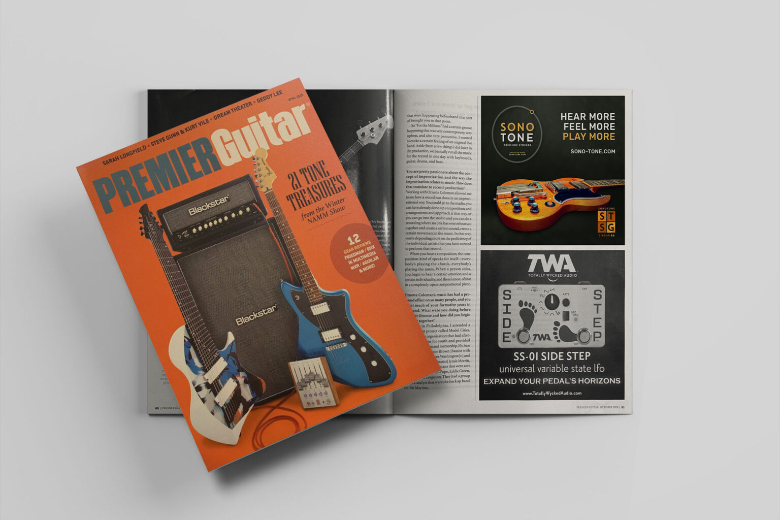 SonoTone print ad in Premier Guitar (April 2019) using the Hear More / Feel More / Play More slogan with a sunburst Les Paul.