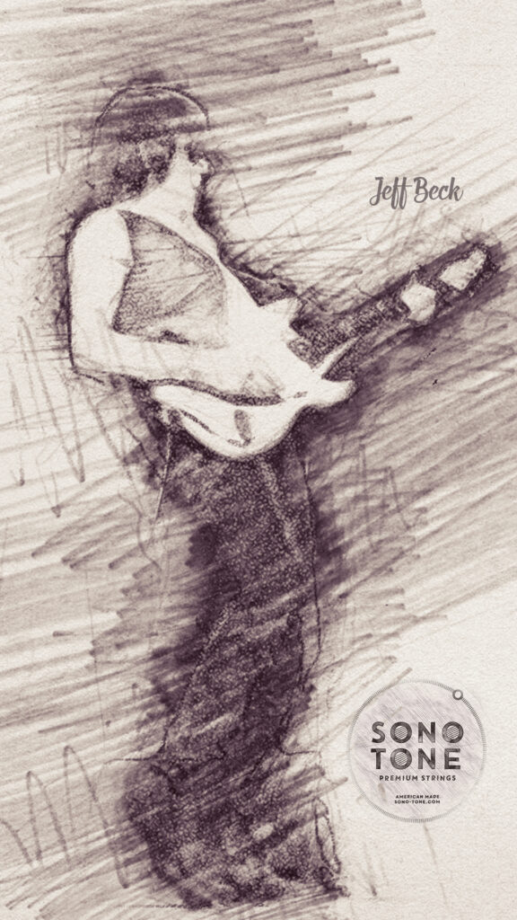 Vertical story illustration of Jeff Beck for the SonoTone artist-sketch series.