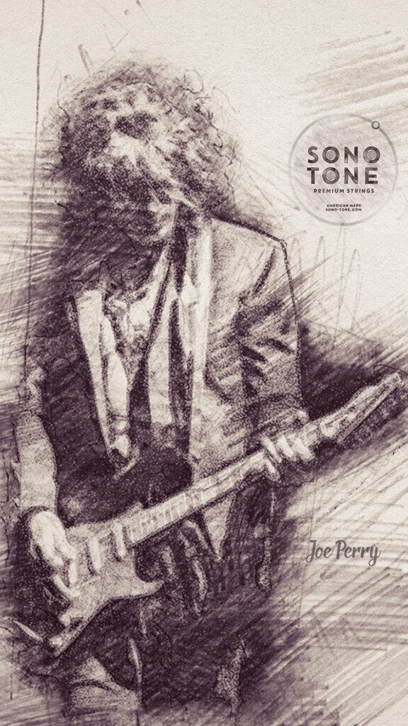 Vertical story sketch of Joe Perry in a classic playing pose for SonoTone.
