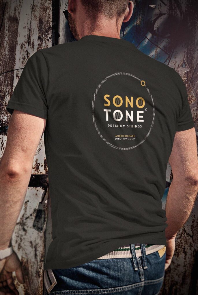 Back of a SonoTone t-shirt with a large logo print in the brand's bold, minimal apparel style.