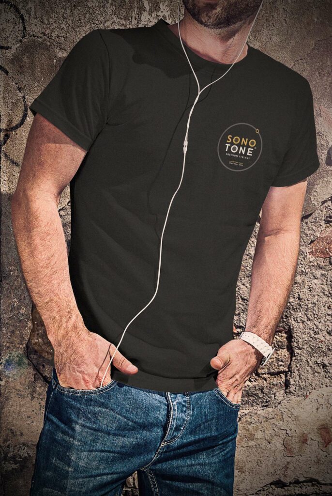 Front of a SonoTone t-shirt with the circular string-ring logo on a dark garment.