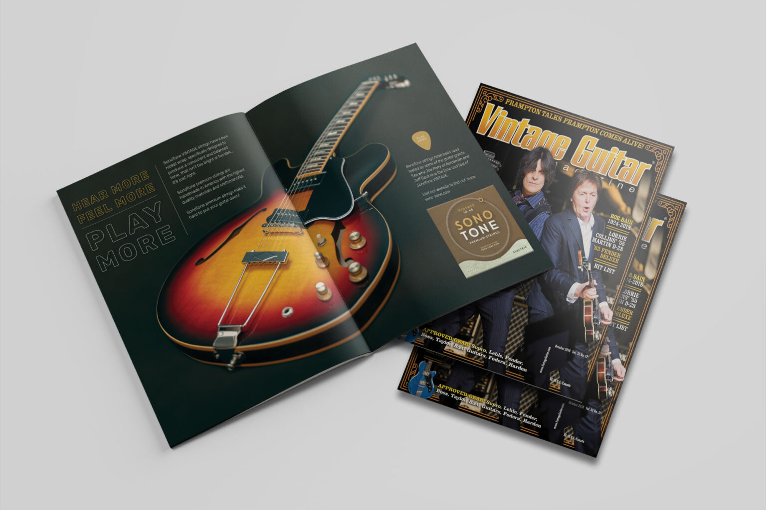 SonoTone full-spread ad in Vintage Guitar (October 2018) pairing the slogan with a sunburst Gibson hollowbody and a Vintage string pack.