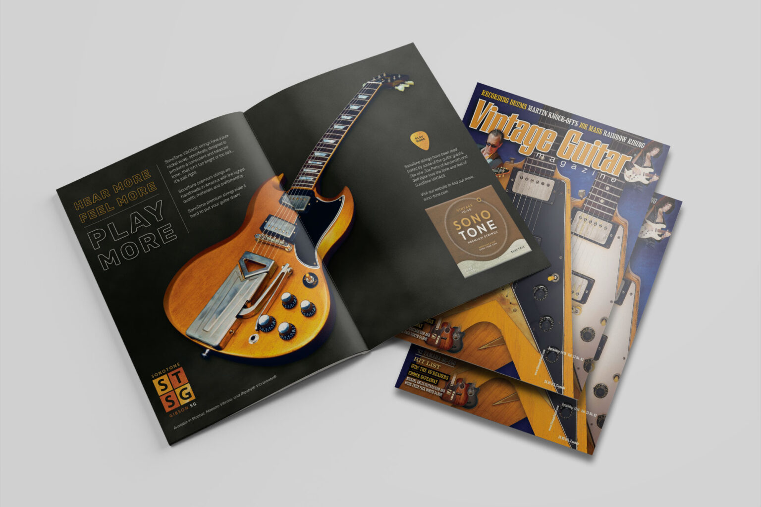 SonoTone print ad (Vintage Guitar, December 2018) carrying the brand slogan over classic-guitar photography and packaging.