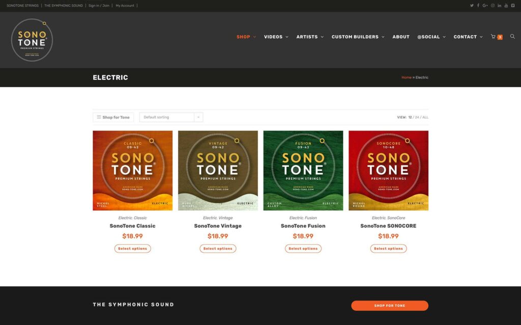 SonoTone product category page showing guitar-string collections within the automated e-commerce system.