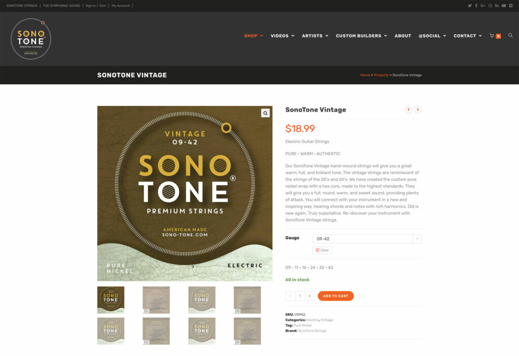 SonoTone product detail page laying out string features, specifications, Shop-by-Sound videos, and purchase options.