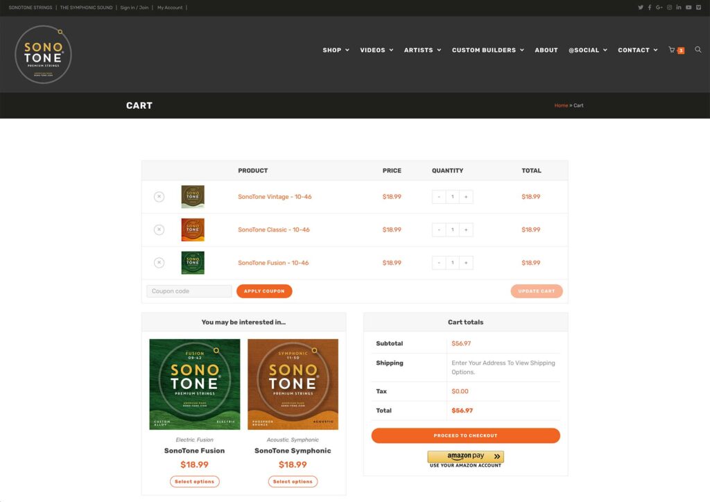 SonoTone shopping cart page with the checkout flow and cross-sell recommendations.
