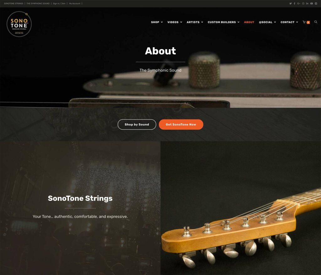 SonoTone about page introducing the brand story and the craftsmanship behind the strings.