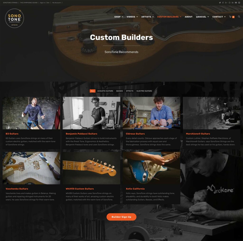 SonoTone artist page introducing the luthiers and players who rely on the strings' warm tone.