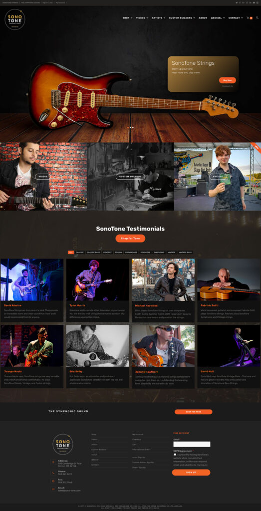 SonoTone e-commerce homepage with warm vintage guitar imagery and featured string families, leading with the Shop-by-Sound concept.