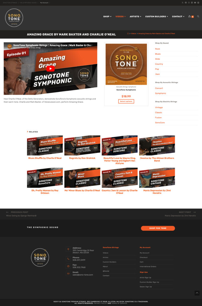 SonoTone Shop-by-Sound video page with a performance video, linked product cards, related videos, and navigation by string type, genre, and artist.