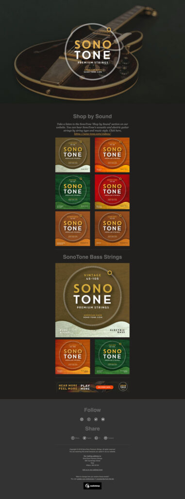 SonoTone email campaign alternating image and text columns in a clean, elegant MailChimp template.