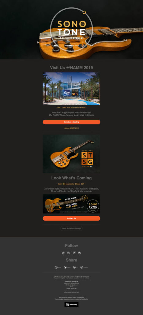 SonoTone marketing email with an artist spotlight in alternating photo-and-copy rows.