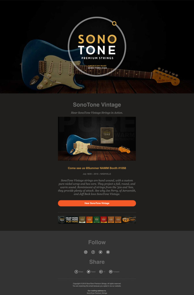 SonoTone promotional sale email built on the brand's modular, column-based template system.