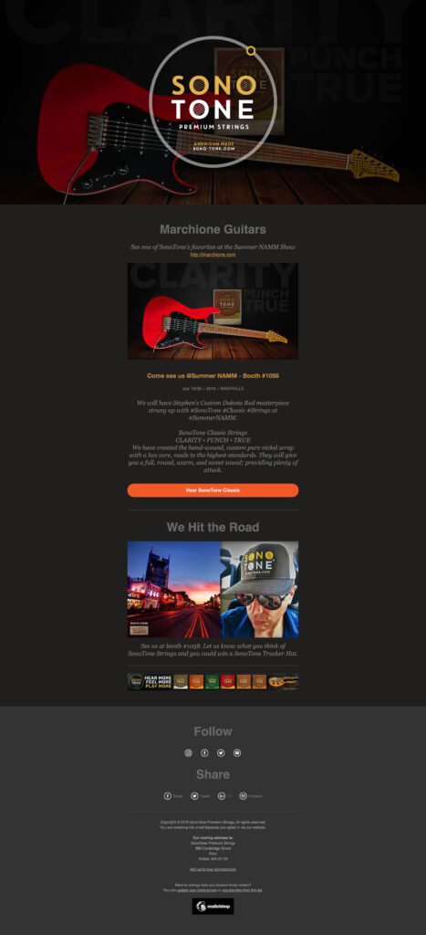 SonoTone content-engagement email pairing guitar imagery with short, tone-led copy.