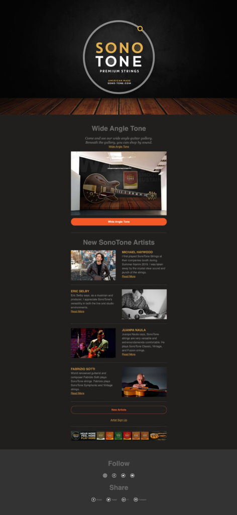 SonoTone marketing email in the brand's elegant alternating-column layout, one of the program's strongest-performing formats.