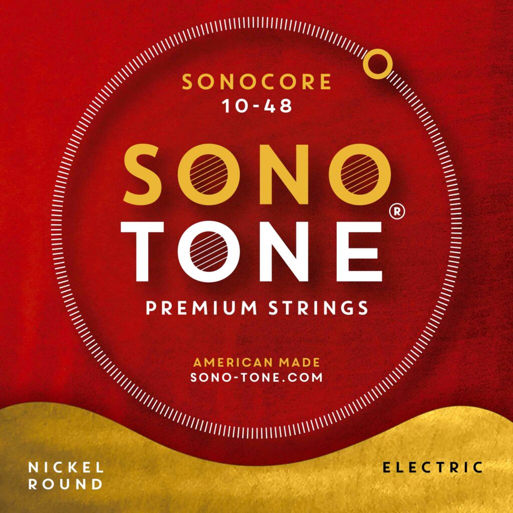 Front of the SonoTone SonoCore electric string pack (10-48) in a red colorway with the circular logo and tone descriptors.
