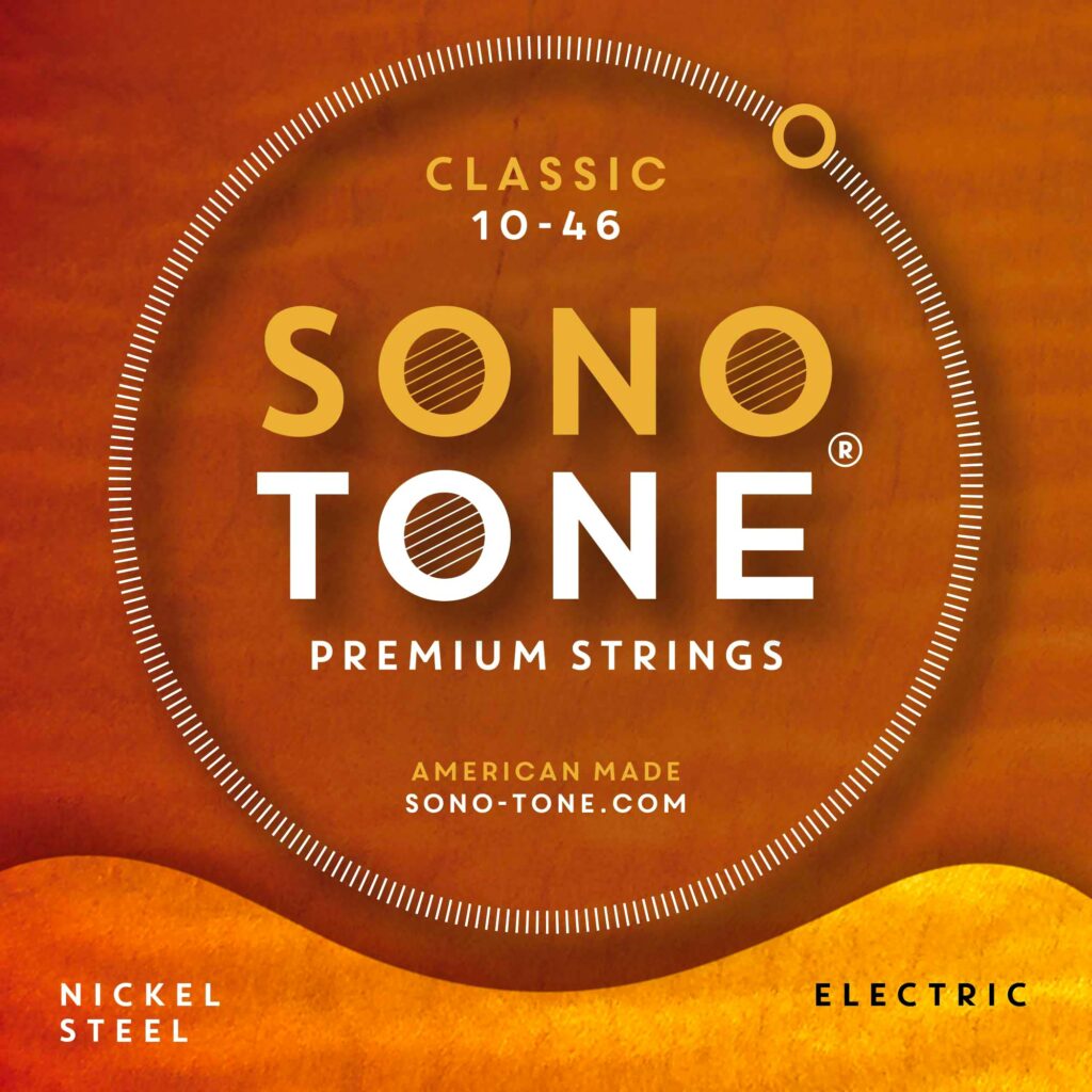 Front of the SonoTone Classic electric string pack (10-46) in an amber colorway, the guitar-curve line beneath the circular logo and the Clarity / Punch / True descriptor.