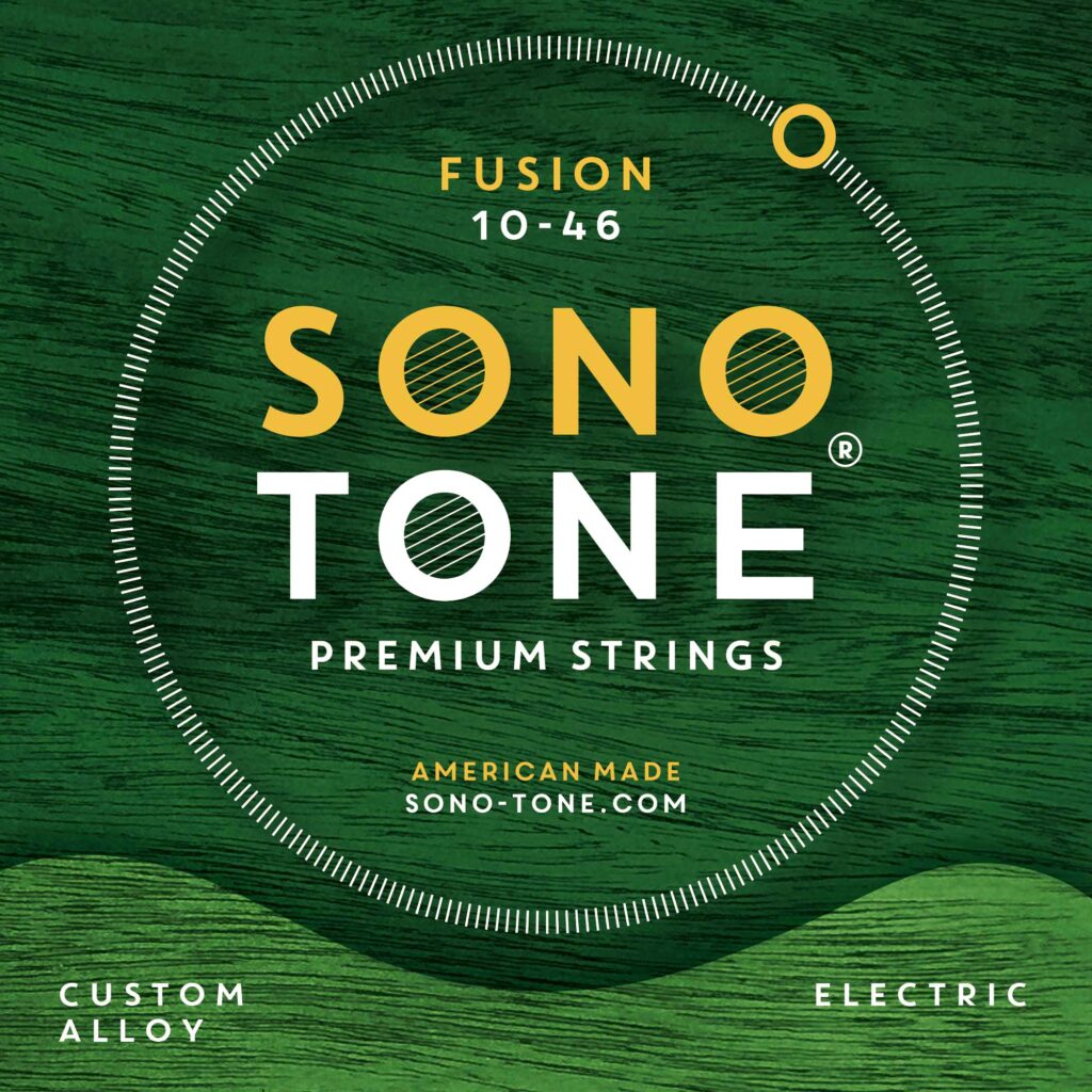Front of the SonoTone Fusion electric string pack (10-46) in a green colorway with the Harmonic / Flexible / Articulate tone descriptor.