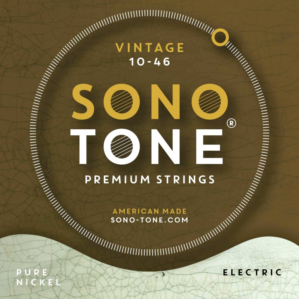 Front of the SonoTone Vintage electric string pack (10-46) in an olive-brown colorway with the Pure / Warm / Authentic descriptor.