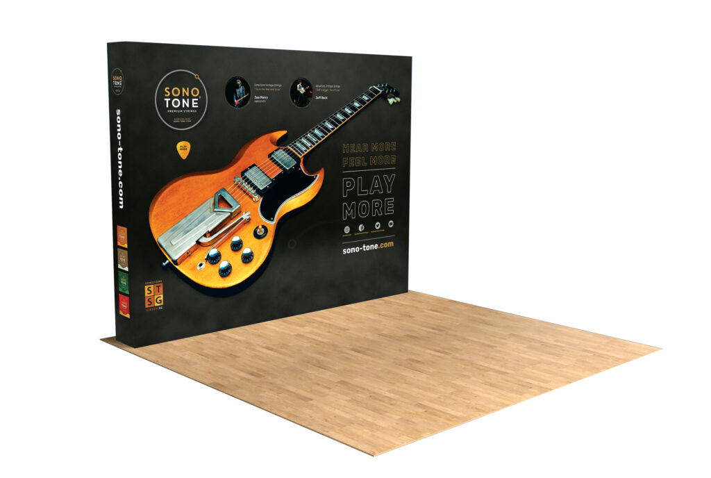 SonoTone modular trade-show booth in a 10x10 configuration built from bold, high-resolution fabric panels.