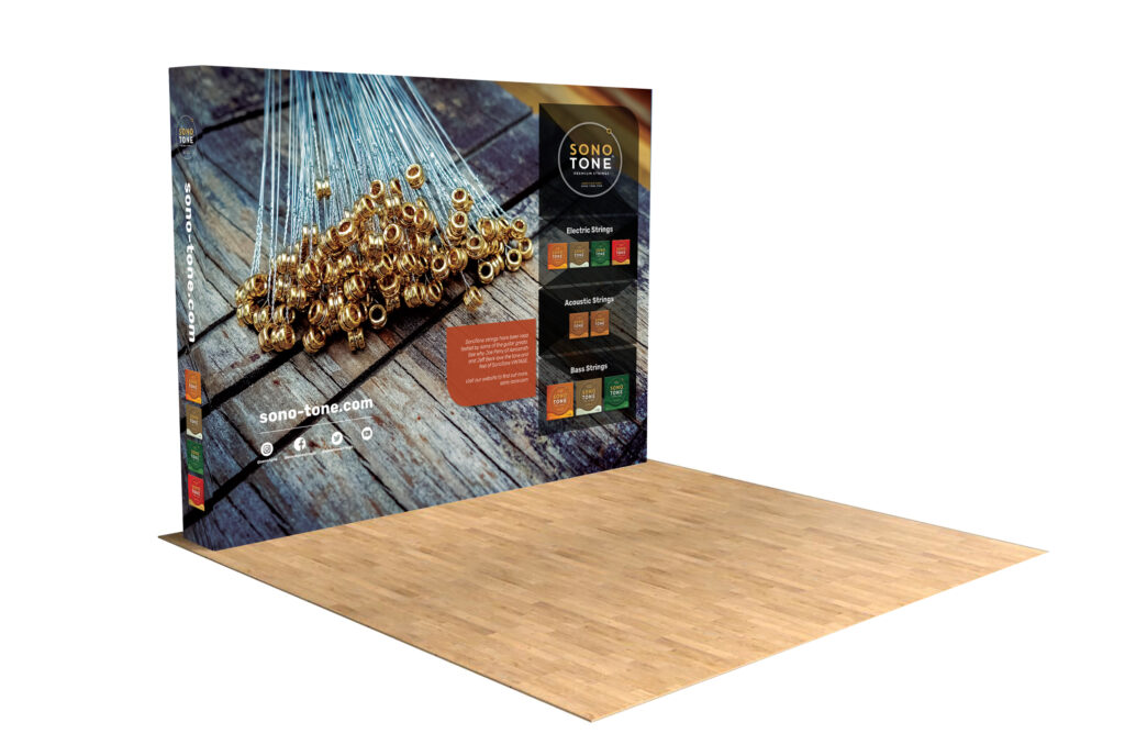 SonoTone trade-show booth with interchangeable fabric panels that scale from 10x10 to larger footprints.