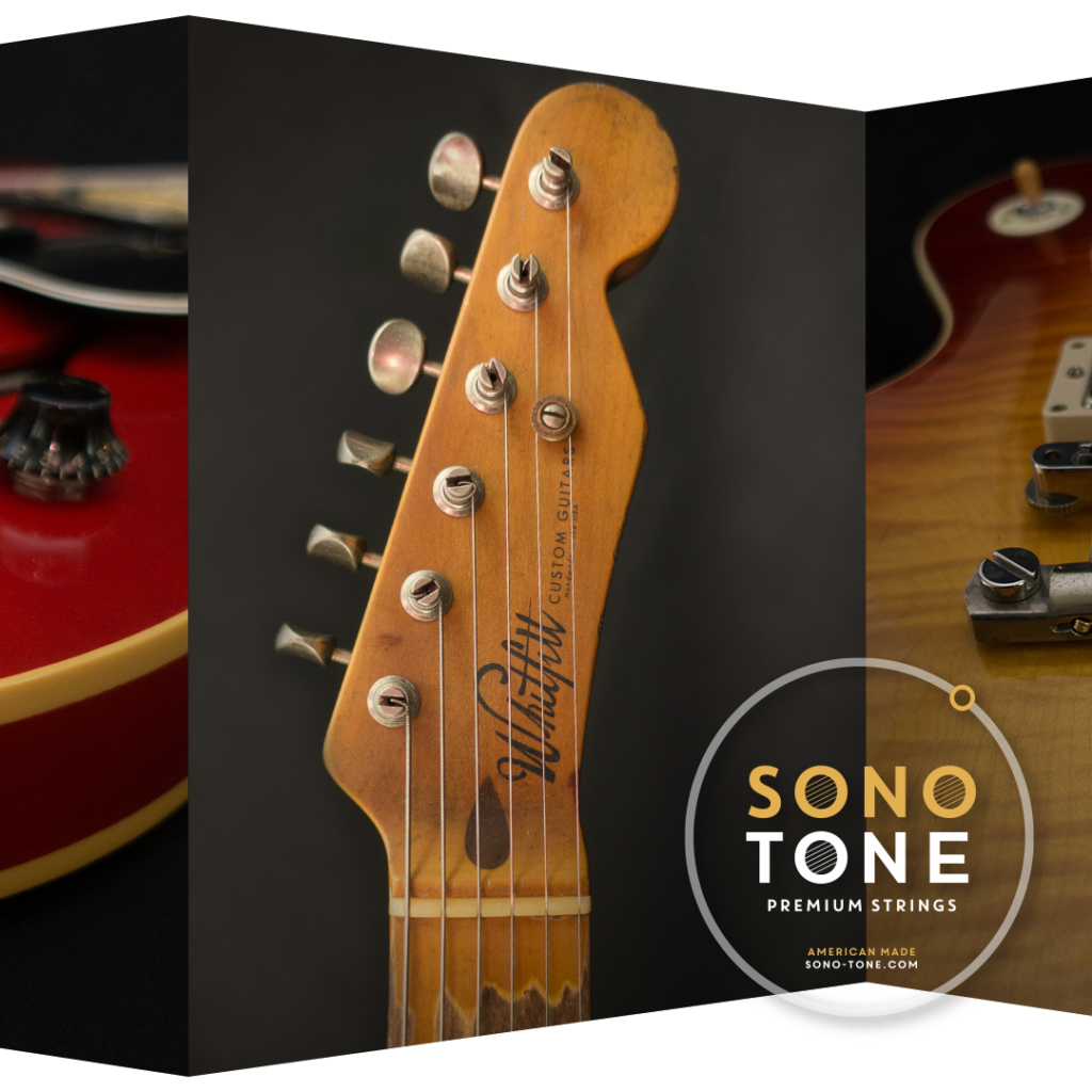 Square We Love Guitars social post using three-dimensional pieces to break the grid.