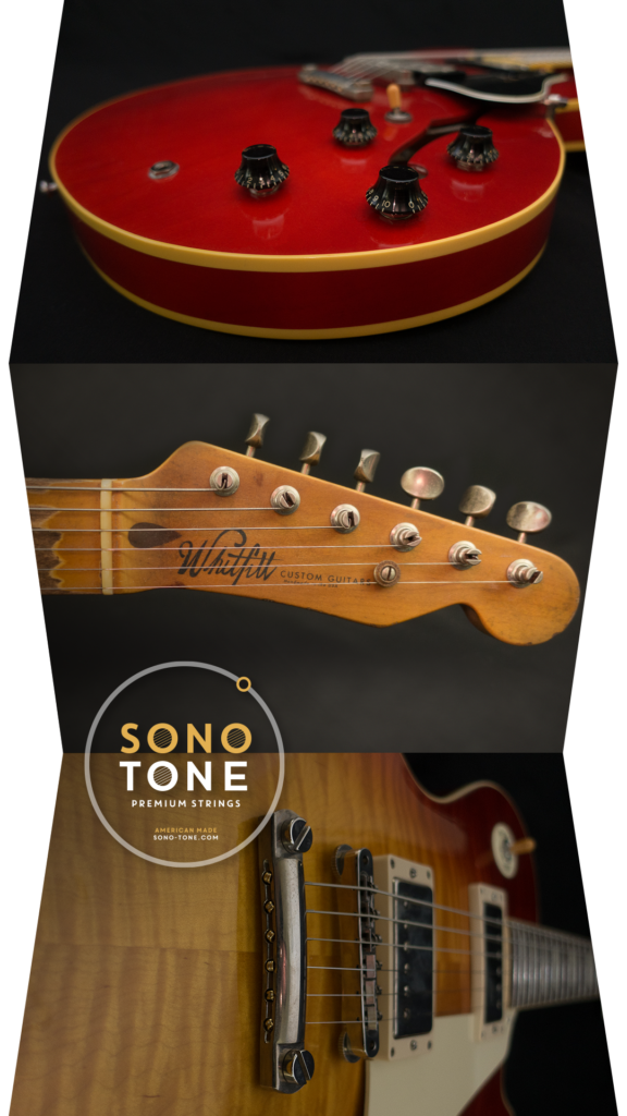 Vertical We Love Guitars story graphic breaking the grid with dimensional layering.