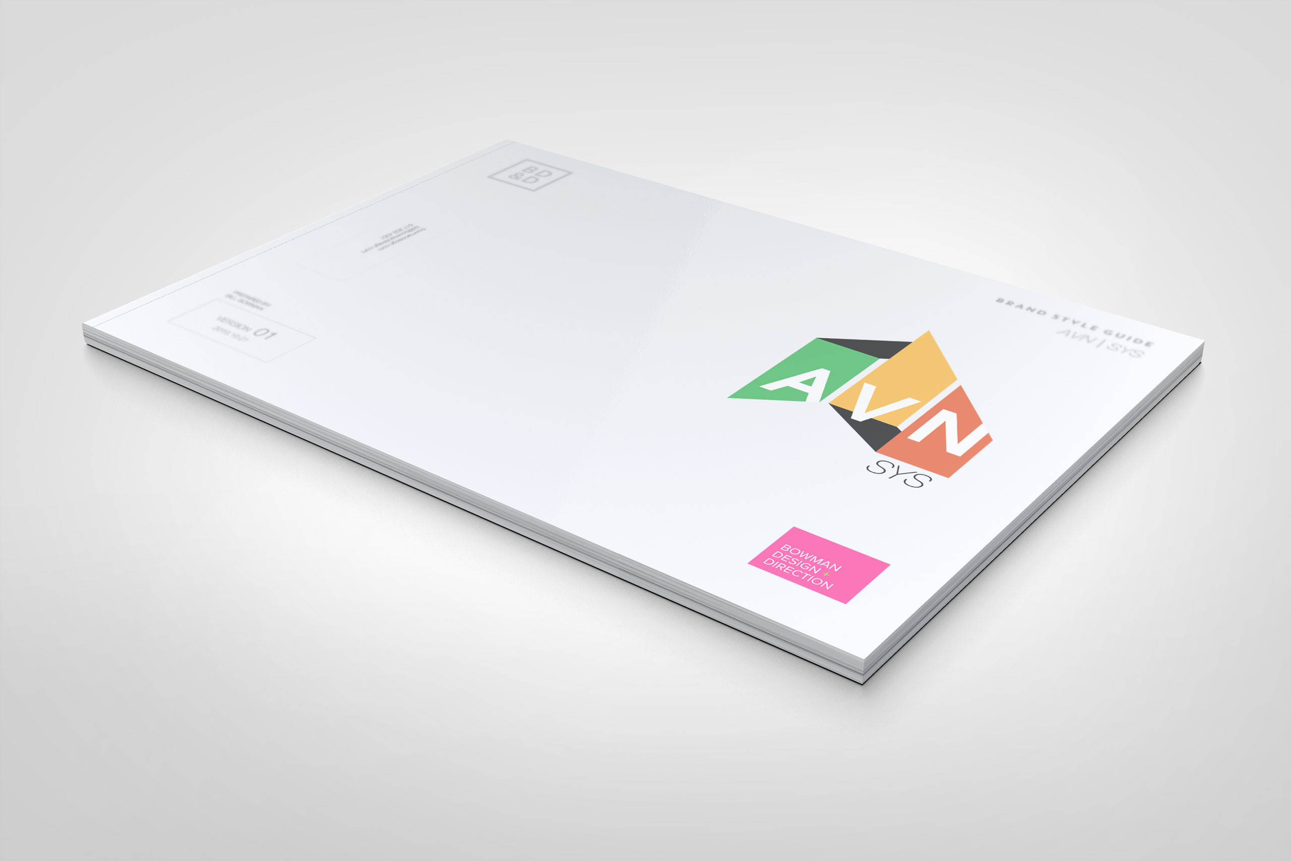 Cover of the AVN | SYS brand style guide by Bowman Design Direction, shown as a 3D booklet with the colorful AVN | SYS logo and a Version 01 marking.