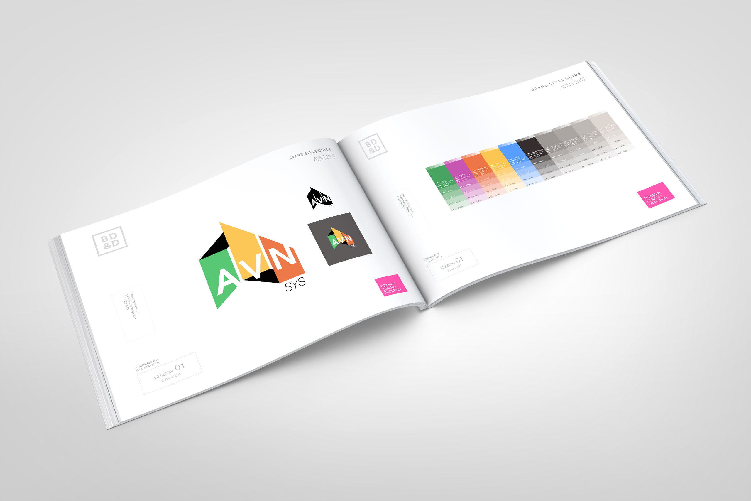 AVN | SYS brand style guide spread showing the primary, black, and reversed logo lockups beside the full color palette of brand hues and neutral tint ramps.