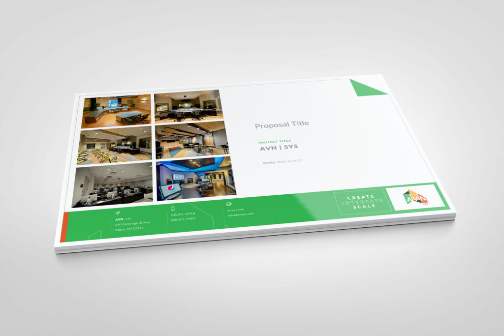 Cover of the AVN | SYS proposal template shown as a 3D booklet, with a grid of recording-studio and AV project photos, the project title block, a green contact footer, and the Create Integrate Scale tagline.