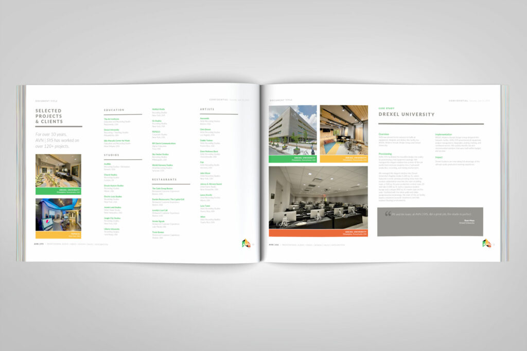 AVN | SYS proposal spread listing selected projects and clients across education, studios, restaurants, and artists, beside a Drexel University case study with photos and a testimonial.