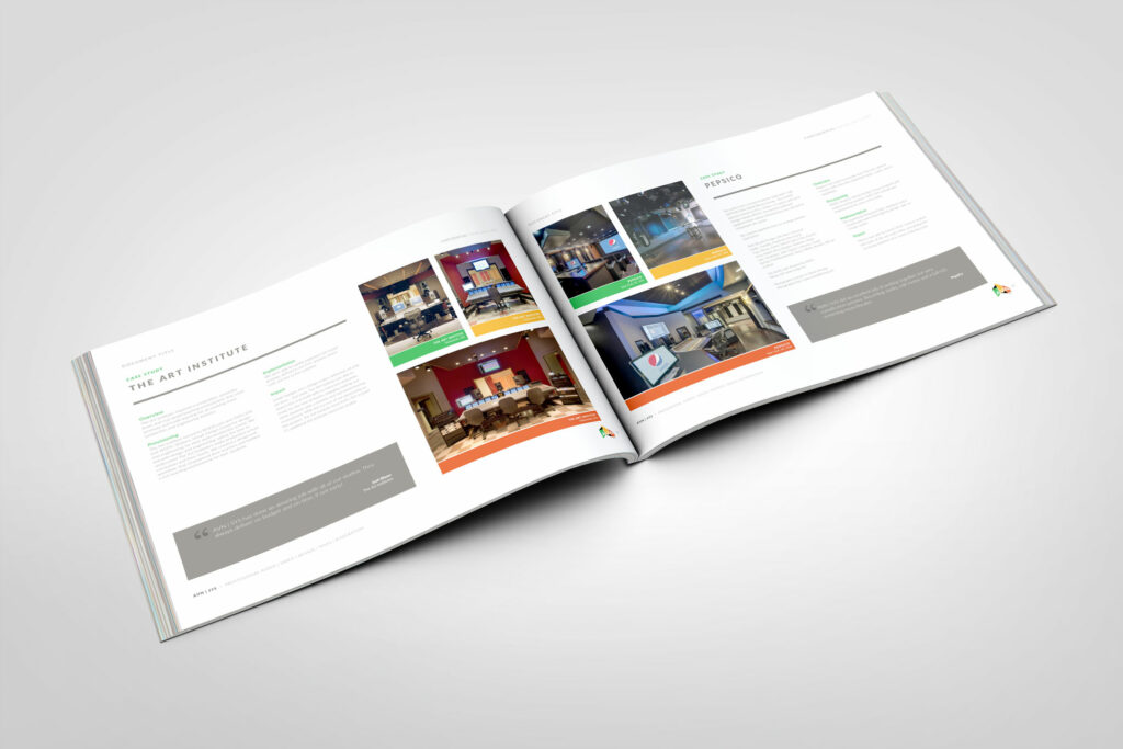 AVN | SYS proposal spread presenting case studies for The Art Institute and PepsiCo, with recording-studio photos, project narratives, and client testimonials.