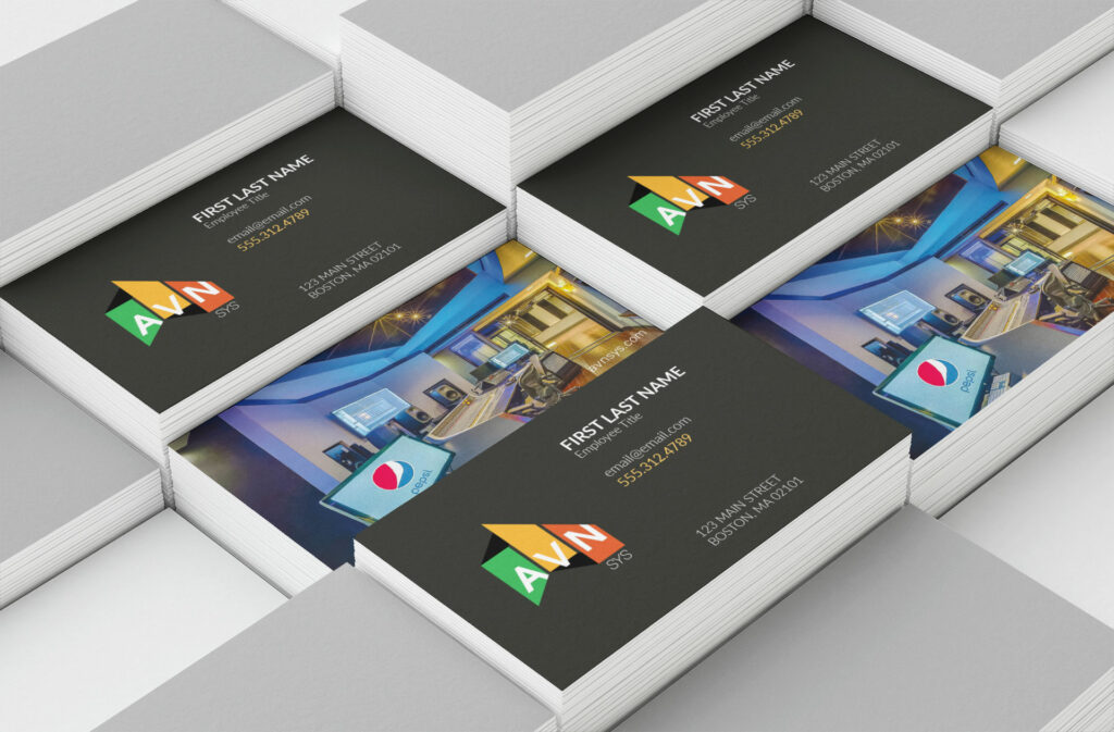 Stacked AVN | SYS business cards featuring the company’s geometric logo, brand colors, and recording studio imagery as part of a unified visual identity system.