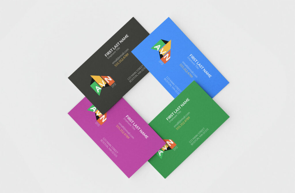 AVN | SYS business card concepts exploring multiple brand color applications while maintaining a consistent identity and logo system.