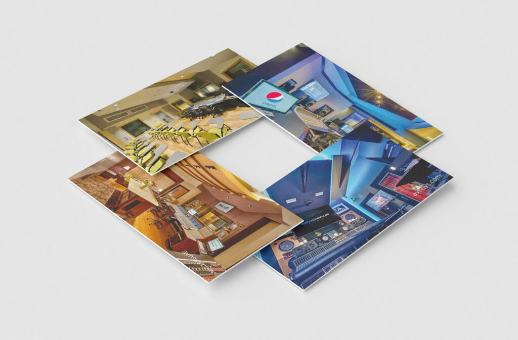 Brand collateral featuring recording studio and production environment photography used throughout the AVN | SYS identity and marketing system.
