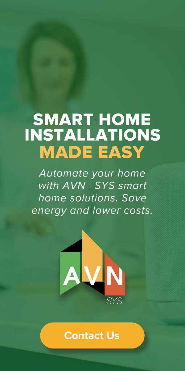 AVN | SYS 'Smart Home Installations Made Easy' display ad promoting whole-home automation, set on a green modern-kitchen backdrop with the AVN logo in a mirrored, right-aligned layout.
