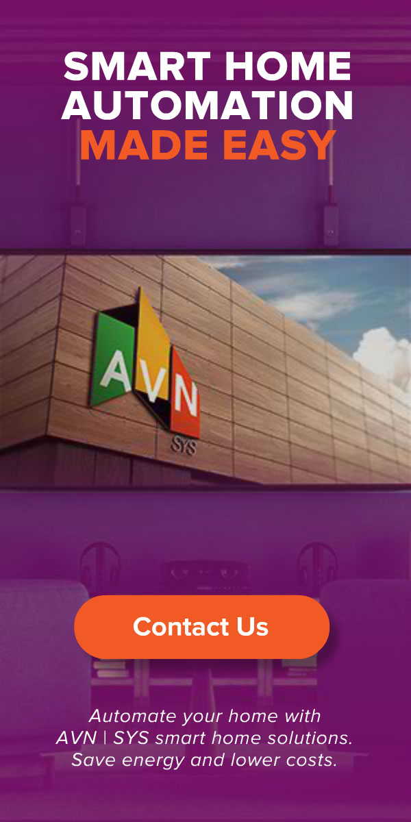 AVN | SYS 'Smart Home Automation Made Easy' display ad promoting whole-home automation that saves energy and lowers costs, on a purple living-room backdrop with a wall display and the AVN logo.