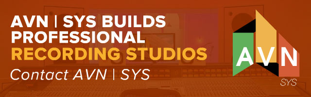 AVN | SYS display ad headlined 'Builds Professional Recording Studios,' noting studios installed for top artists, businesses, and universities, over an orange-toned control-room photo with the AVN logo.