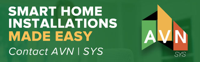 AVN | SYS 'Smart Home Installations Made Easy' display ad promoting whole-home automation, set on a green modern-kitchen backdrop with the AVN logo in a mirrored, right-aligned layout.