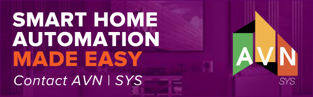 AVN | SYS 'Smart Home Automation Made Easy' display ad promoting whole-home automation that saves energy and lowers costs, on a purple living-room backdrop with a wall display and the AVN logo.